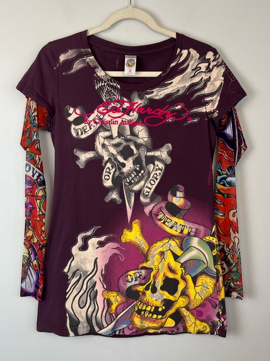 Ed Hardy Tops - Vintage Ed Hardy Long Mesh Sleeve “Tattoo” Top Shirt M Vintage Y2K